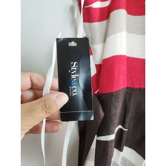 NWT Style & Co. A-Line Tie Waist Brown, White, Red, 100% Linen Midi Dress sz 14P - Picture 4 of 10